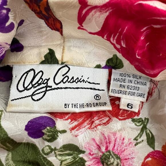 Vintage 80s Silk Floral Faux Wrap Midi Shirt Dress Oleg Cassini Womens Size 6 - Picture 7 of 7